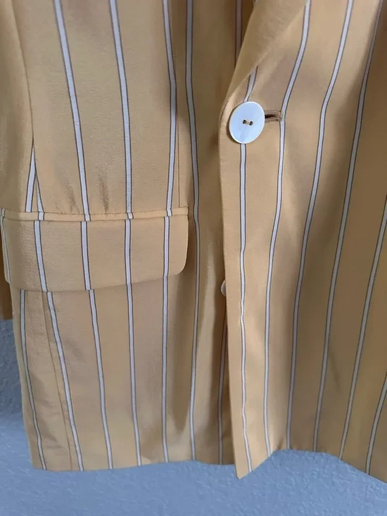 Vintage Ellen Tracy 100% Silk Blazer Yellow Pinstripe Double Breasted Size 10 - Picture 12 of 13